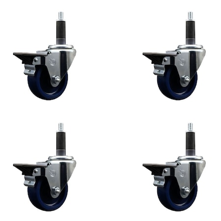 Service Caster 3.5'' Solid Poly Swivel 1'' Expanding Stem Caster Set with Brake, 4PK SCC-EX20S3514-SPUS-PLB-1-4